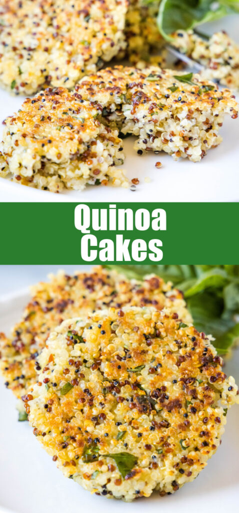 close up quinoa cakes on a plate for pinterest