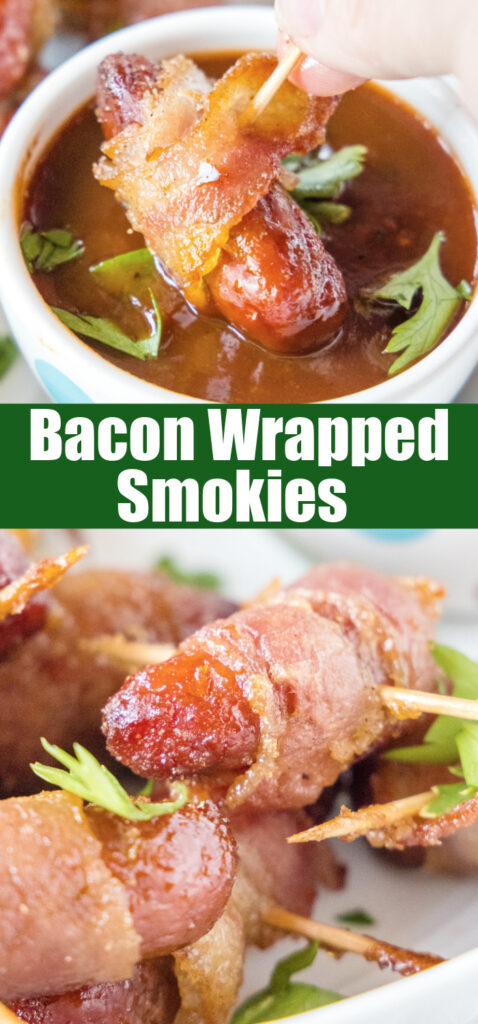 close up lil' smokies with bacon for pinterest