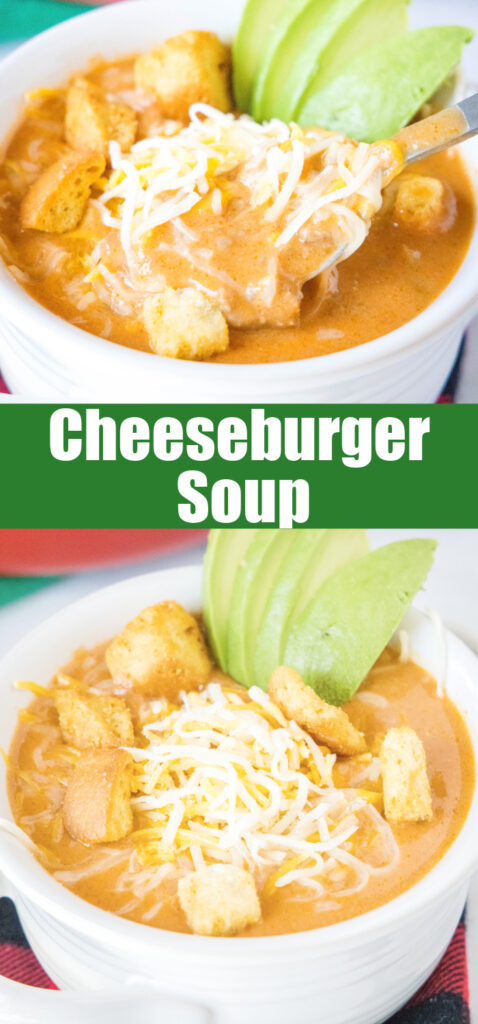 close up white bowl of cheeseburger soup for pinterest