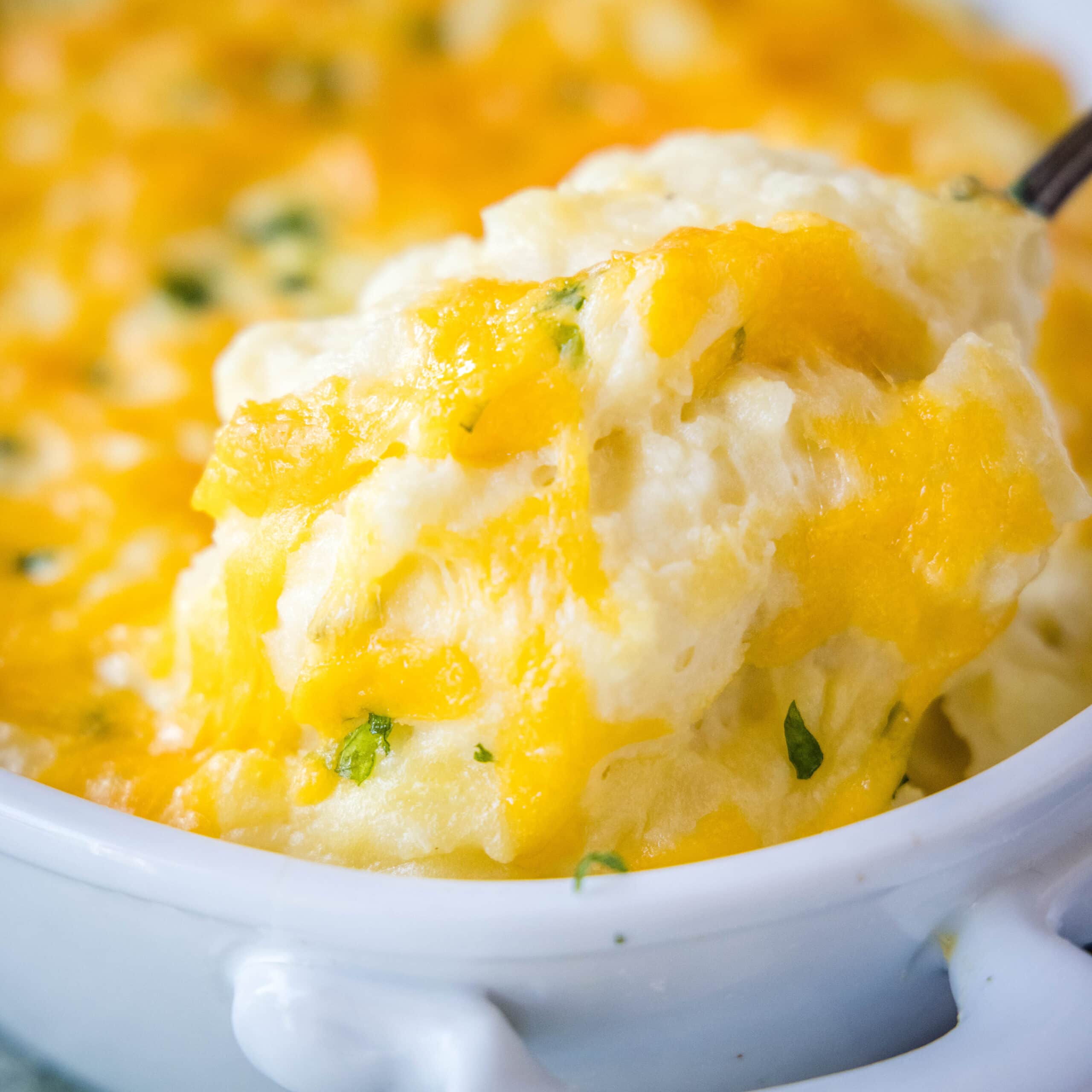 close up of spoonful of cheesy mashed potatoes
