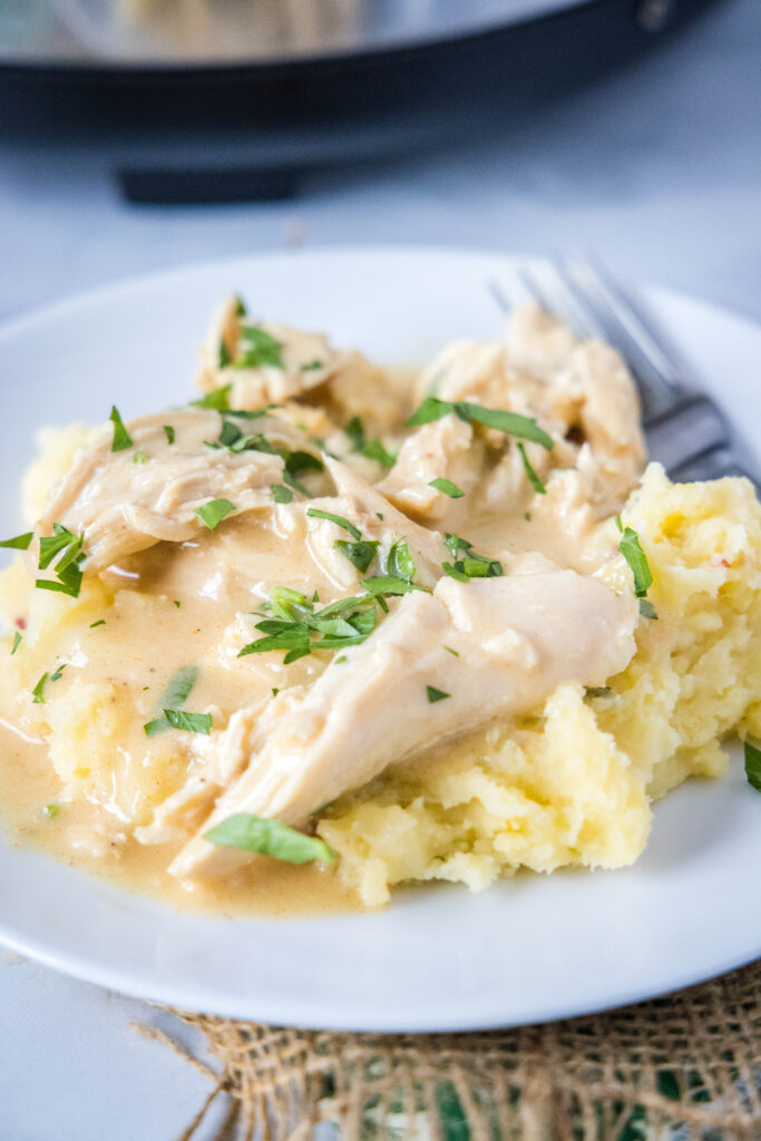 chicken and gravy over mashed potatoes on a white plate