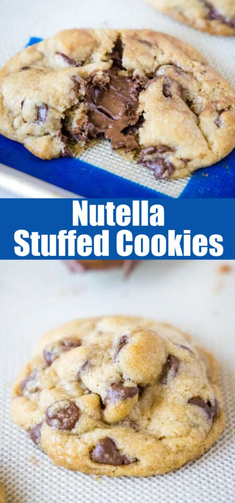 close up nutella stuffed cookies on baking sheet for pinterest