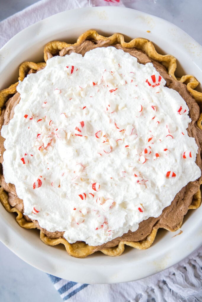 peppermint french silk pie in pie plate