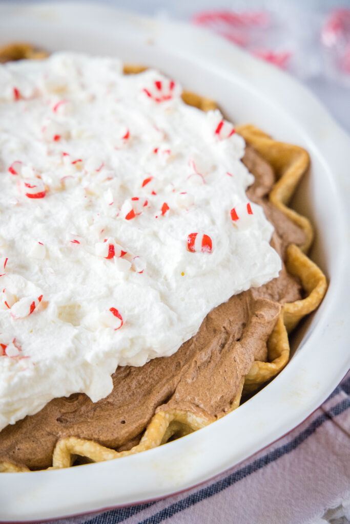 french silk pie topped with candy canes