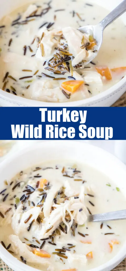 close up bowl of turkey wild rice soup with a spoon