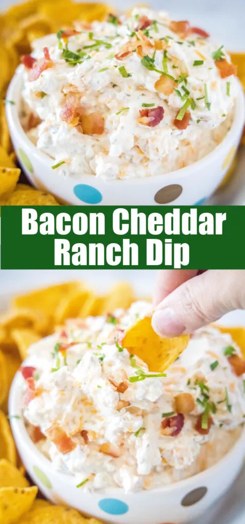 close up bacon cheddar ranch dip in a bowl for pinterest