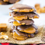 close up stacked cashew caramel clusters