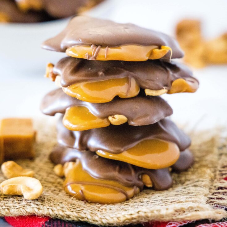 close up stacked cashew caramel clusters