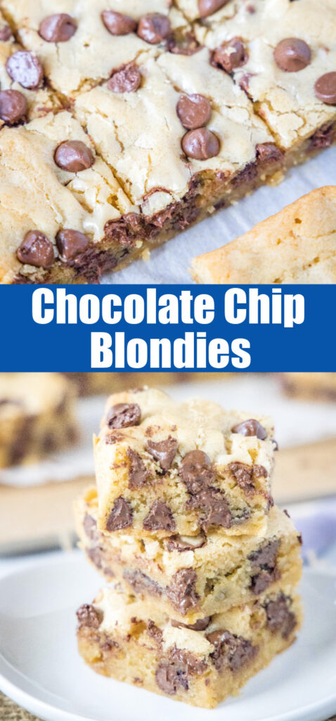 chocolate chip blondies close up for pinterest