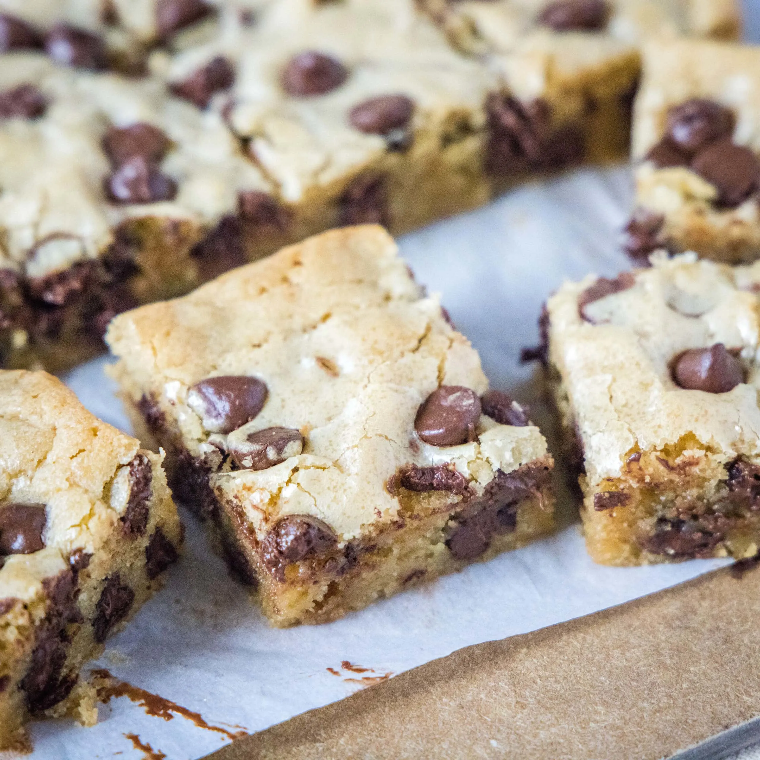 close up blondies on a cutting board