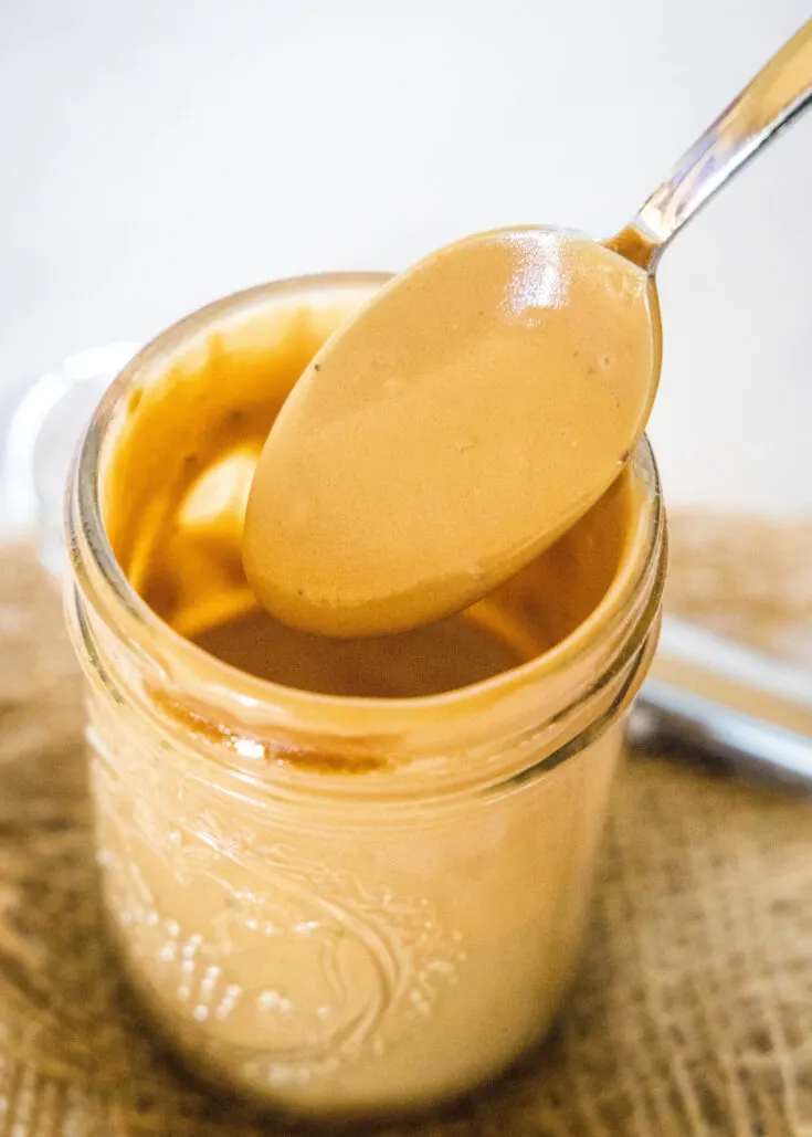 cropped close up of creamy balsamic dressing on a spoon