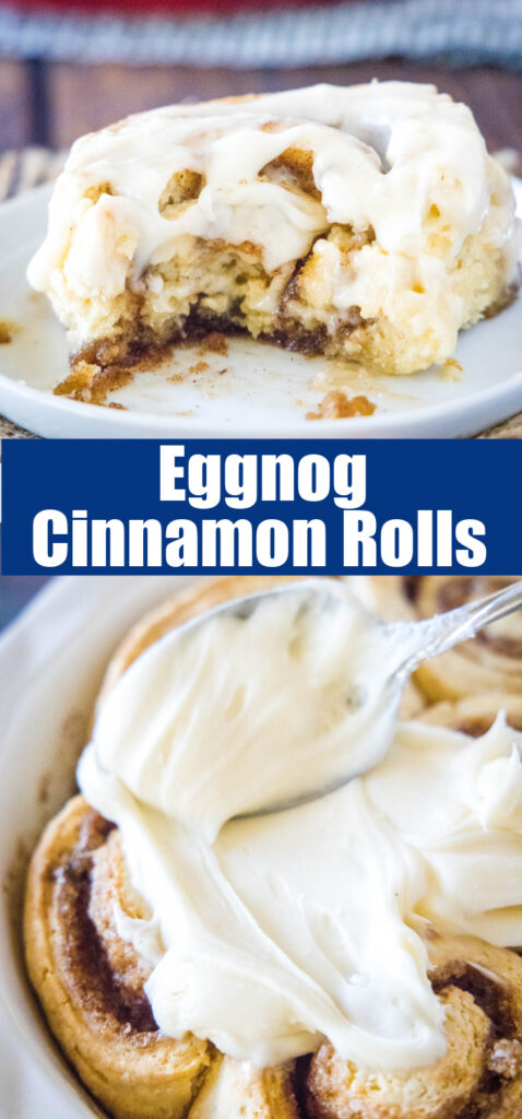 close up eggnog cinnamon rolls for pinterest