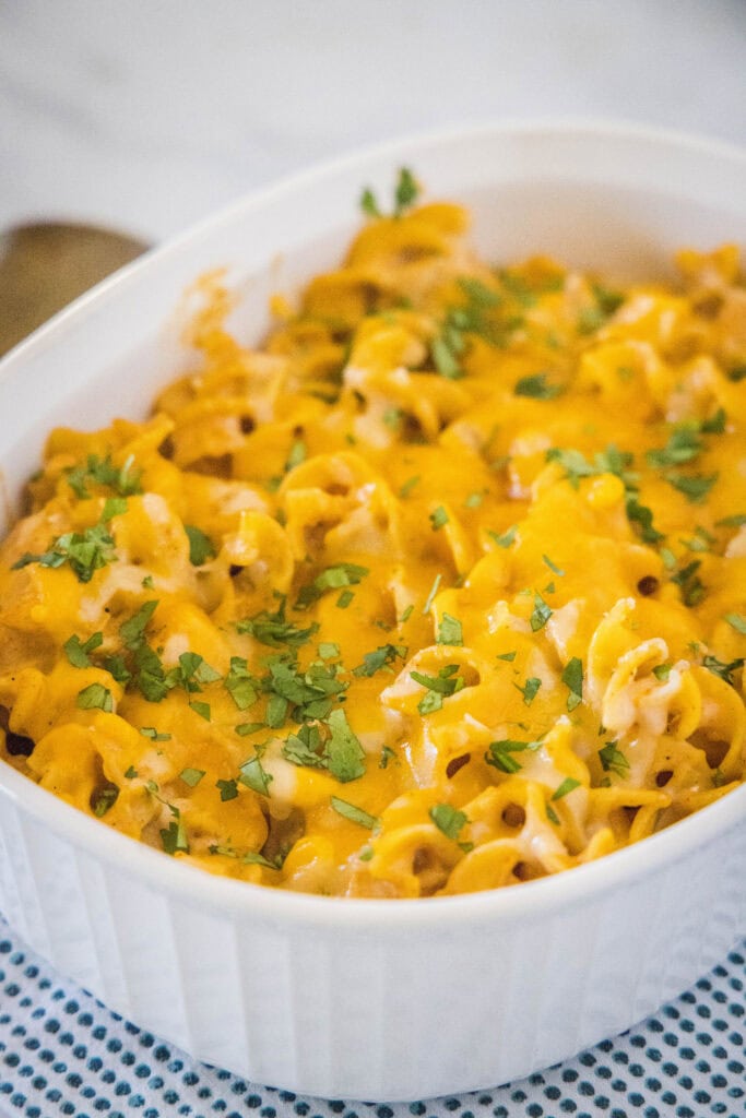 baked enchilada casserole topped with cilantro