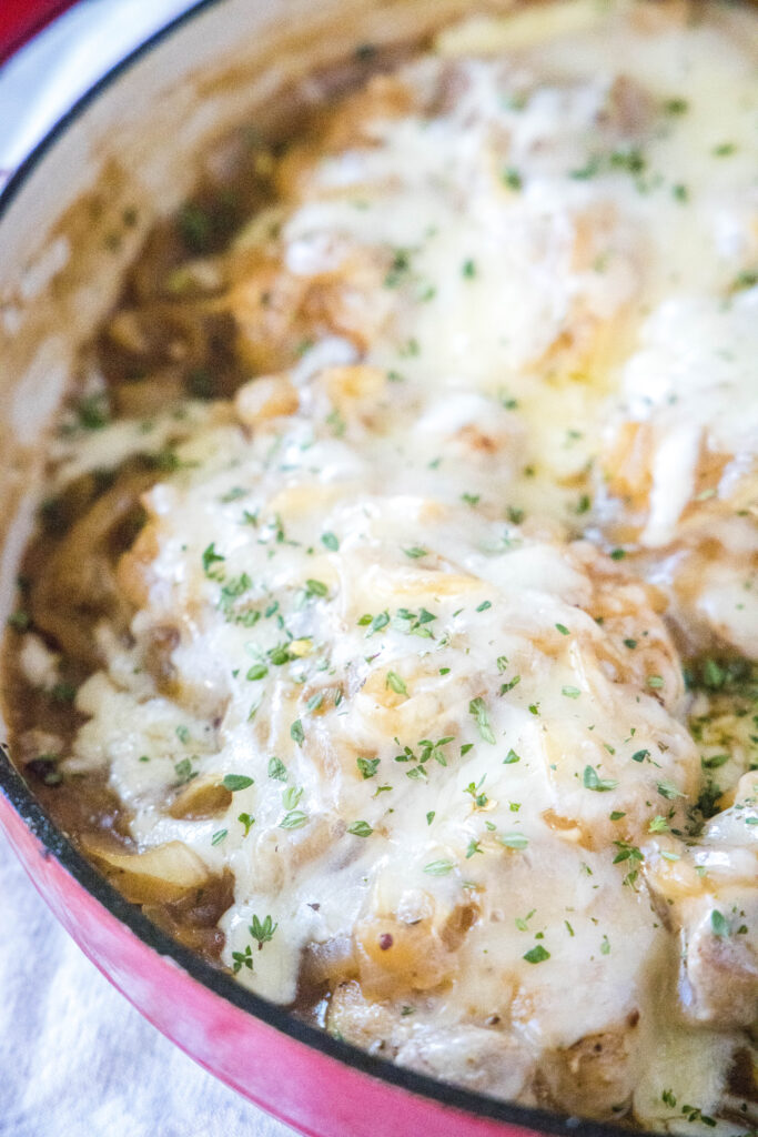 french onion pork chops in a skillet