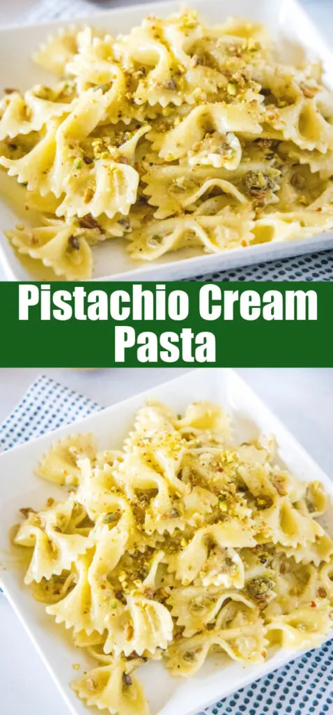 c;lose up plates of pistachio cream pasta for piterest