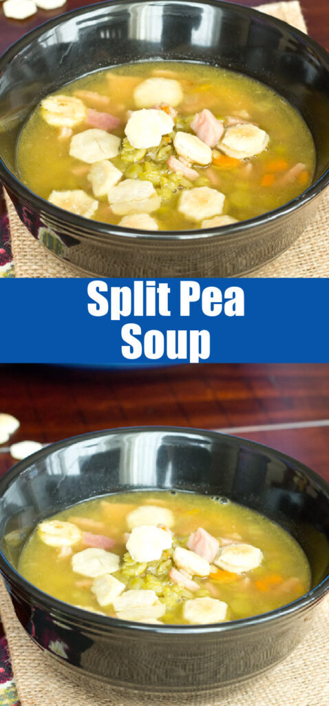 close up split pea soup in black bowl
