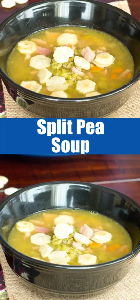 close up split pea soup in black bowl