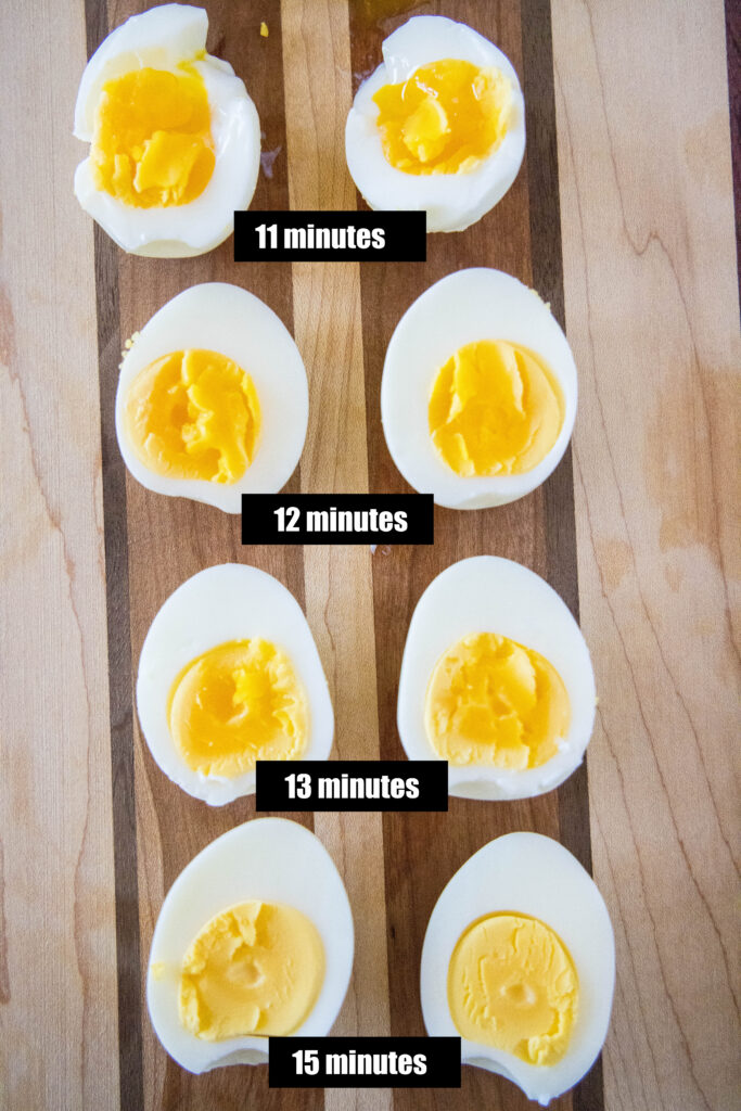 cooked eggs cut on a cutting board with cooking times