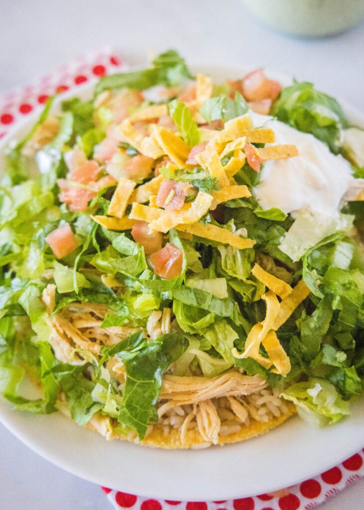 looking down at a tostada on a plate