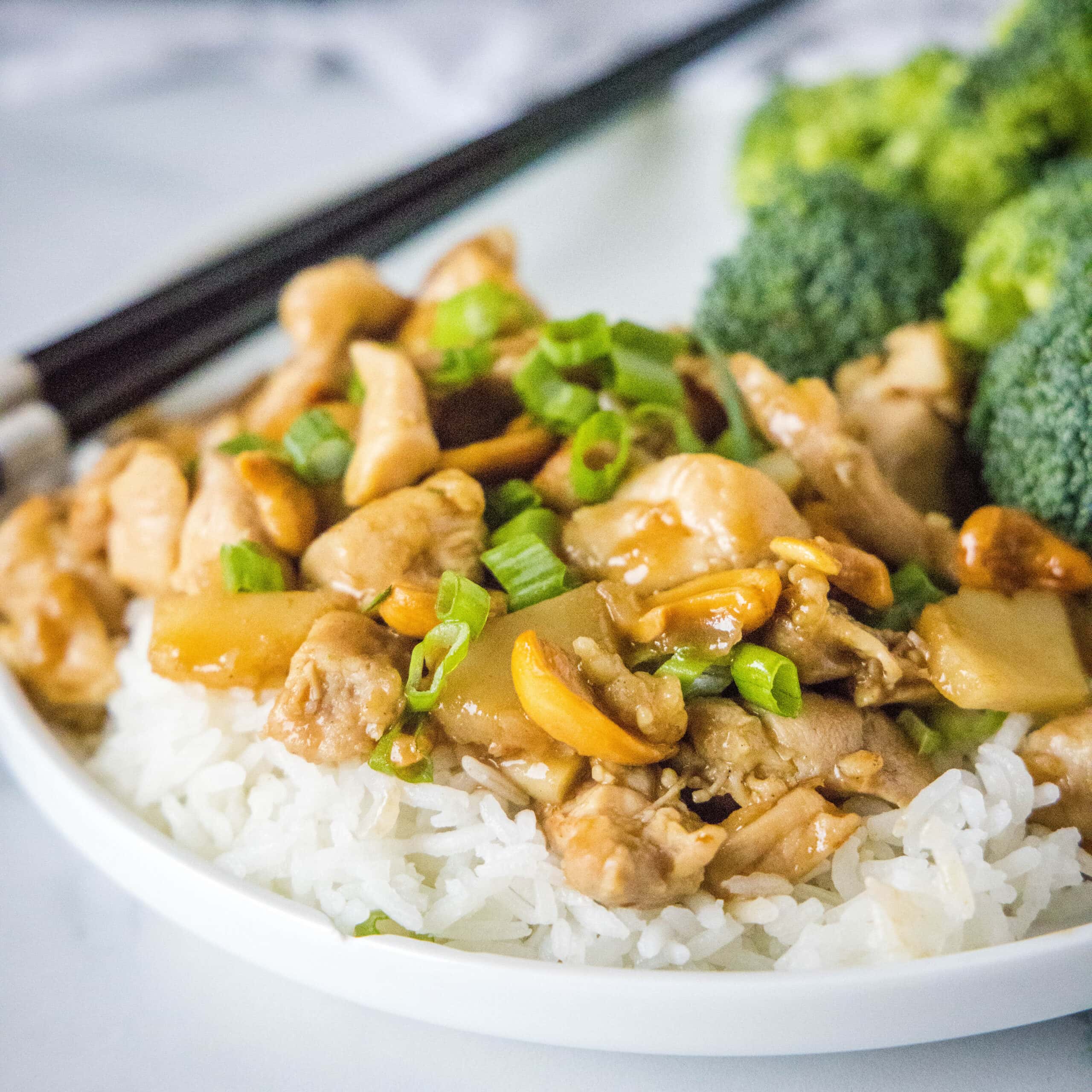 cropped in cashew chicken stir fry on a plate
