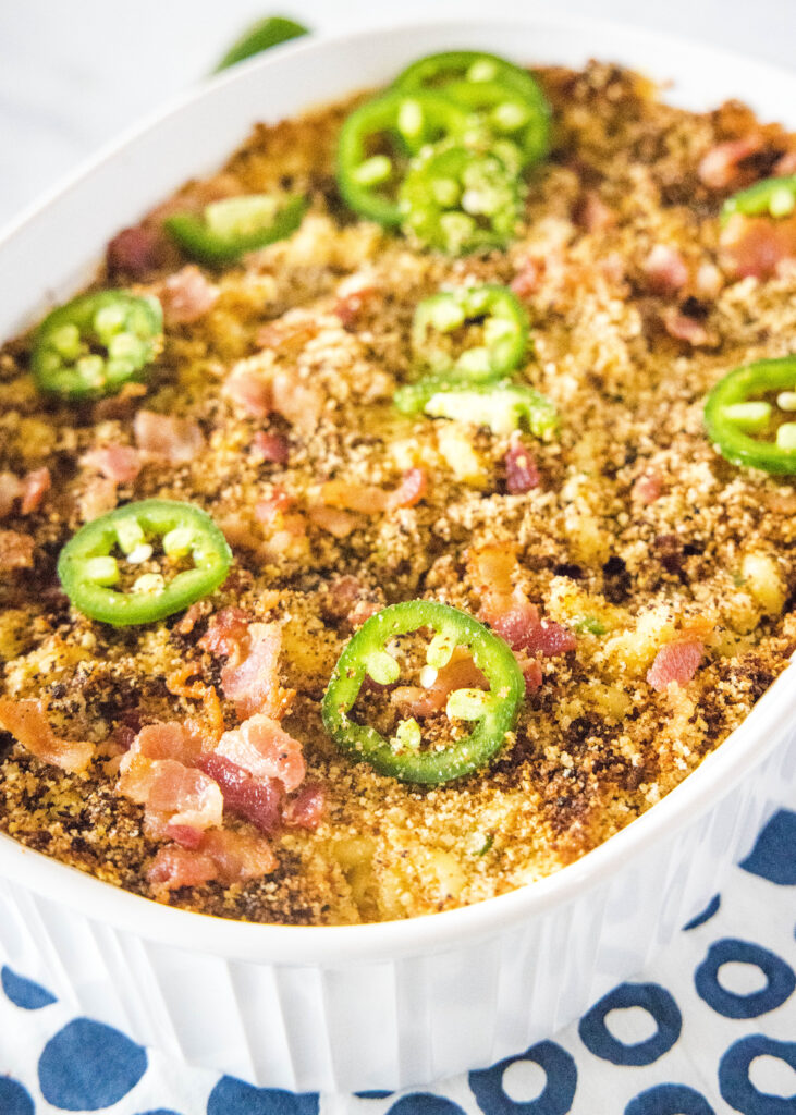 Casserole dish jalapeno and bacon mac and cheese