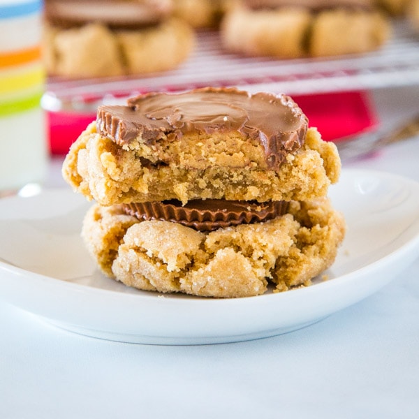 close up stacked peanut butter cookies