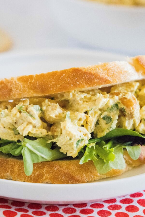 close up chicken salad with curry on bread