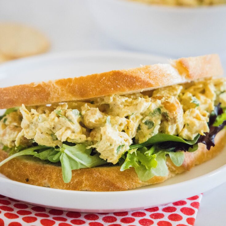 close up chicken salad with curry on bread
