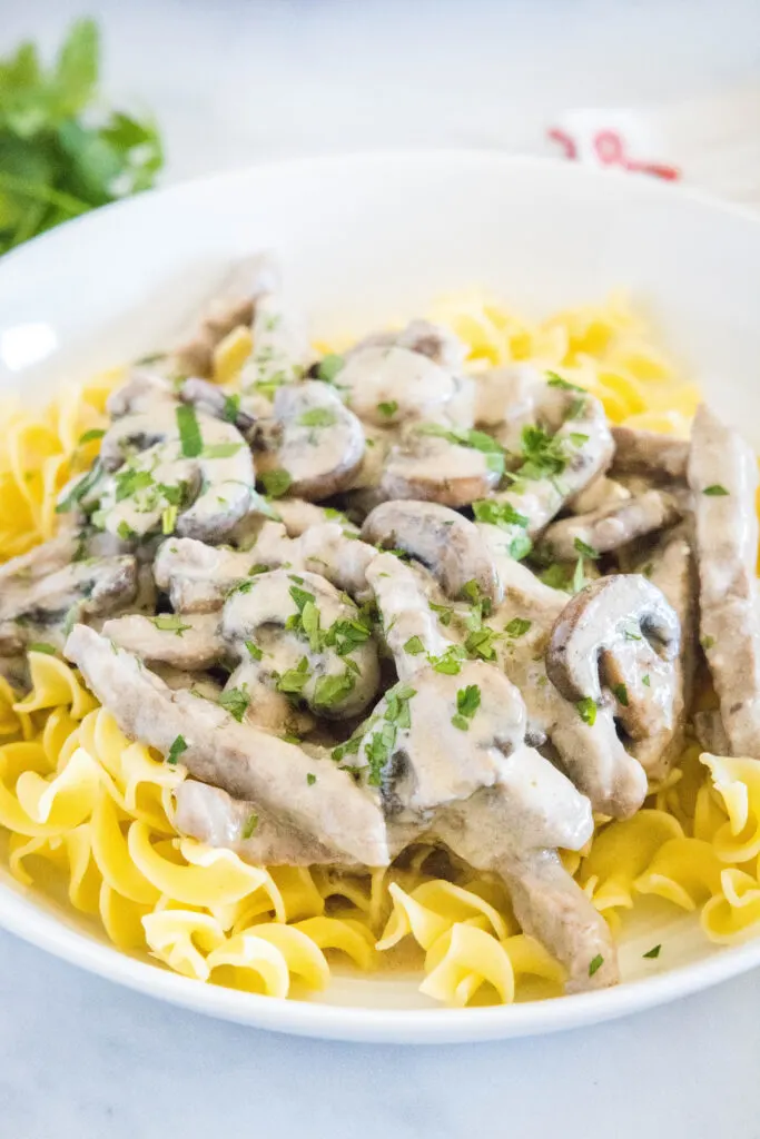 beef stroganoff over egg noodles in a white bowl