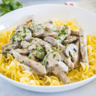 close up beef stroganoff and egg noodles