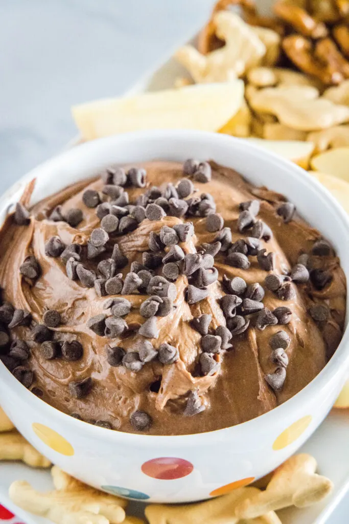 brownie batter dip in a bowl with chocolate chips