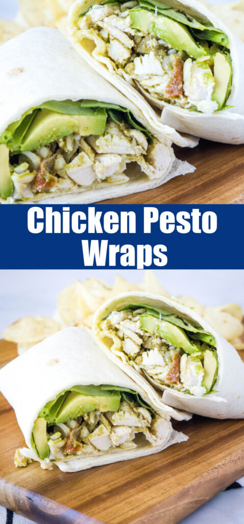 Close up wraps with chicken and pesto on cutting board