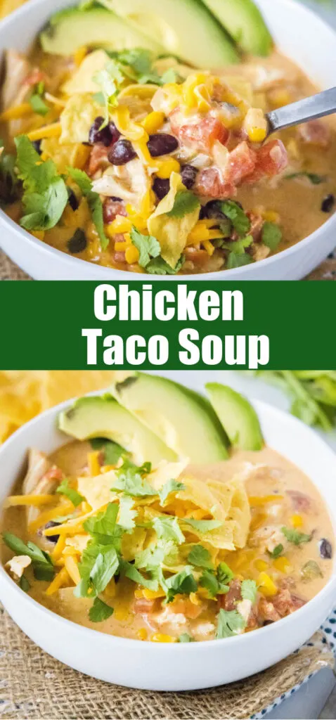 close up chicken taco soup for pinterest