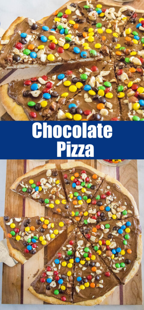 close up sliced chocolate pizza for pinterest