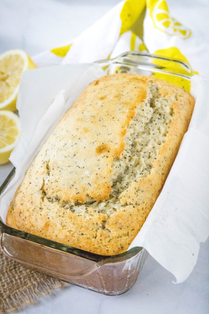 Baked Lemon Poppy Seed Bread in the loaf pan