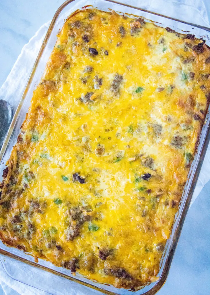 looking down on a baked sausage breakfast casserole
