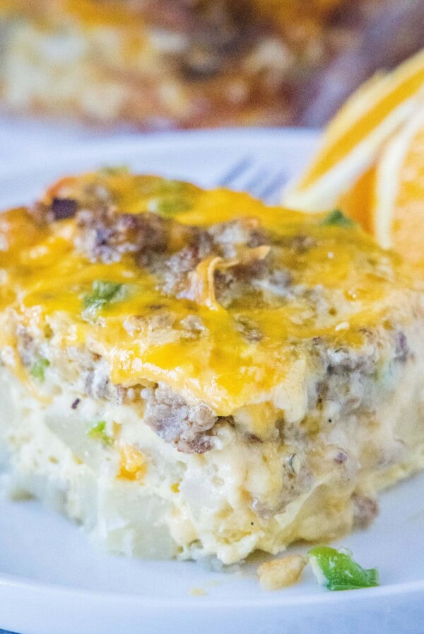 close up sausage breakfast casserole on a plate