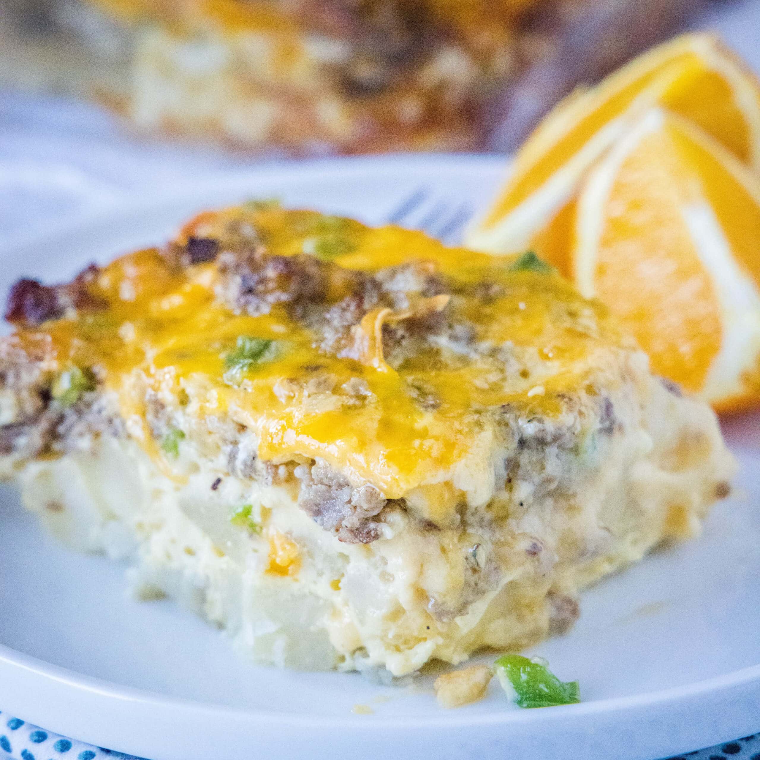 close up sausage breakfast casserole on a plate