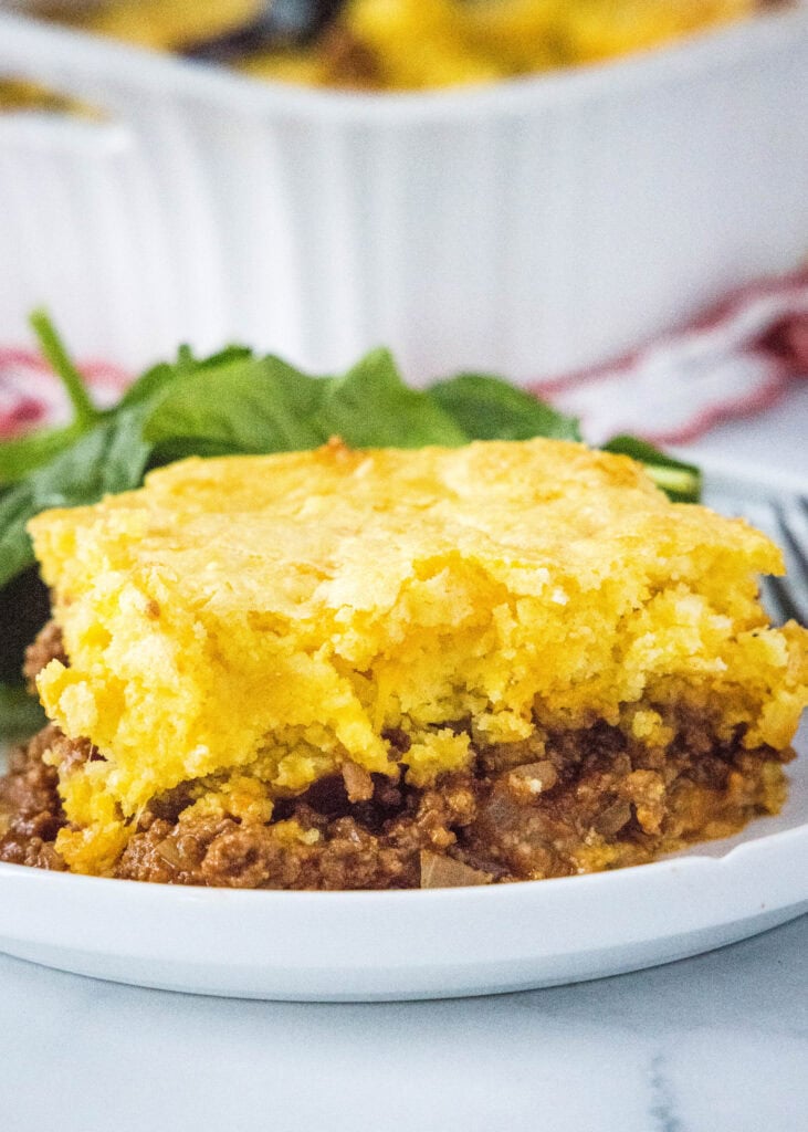 slice of sloppy joe cornbread casserole on a plate