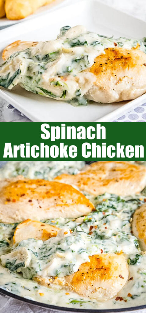 close-up of chicken with spinach and artichokes