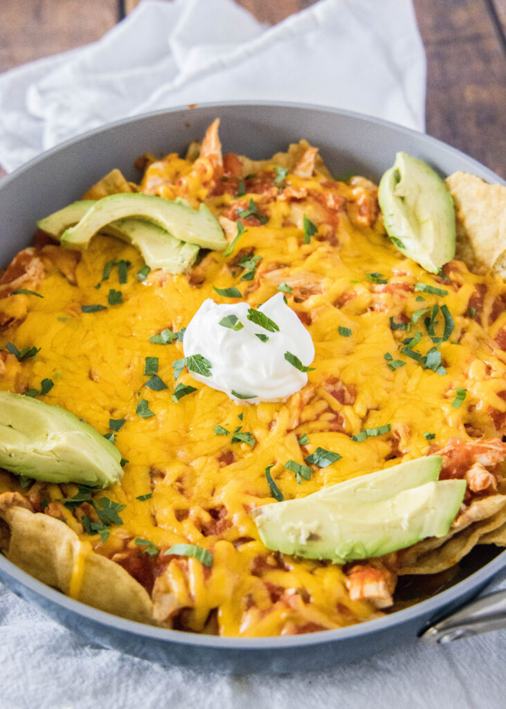 baked chicken chilaquiles in a skillet