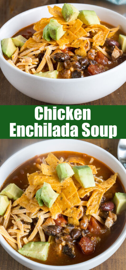 bowl of chicken enchilada soup close up for pitnerest