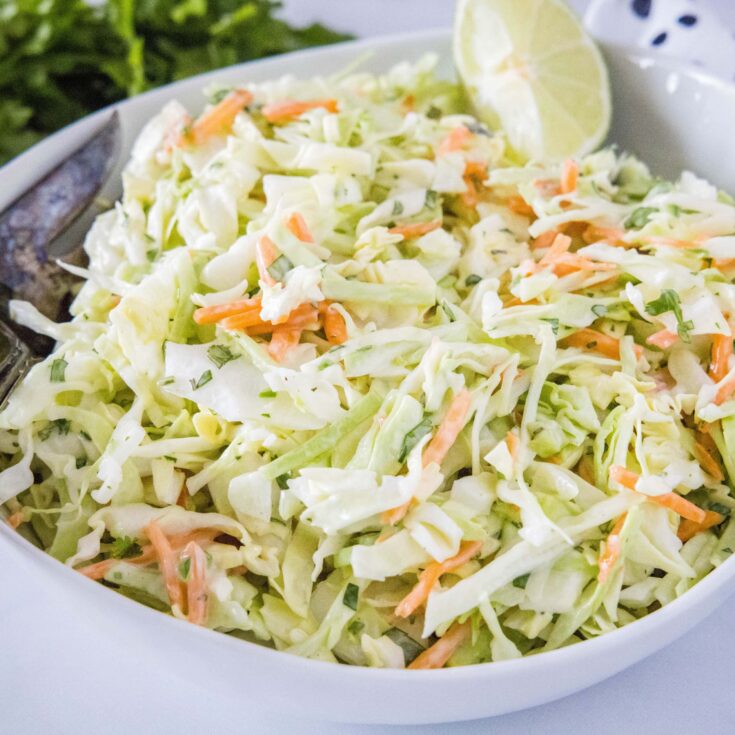 close up mexican coleslaw in white bowl