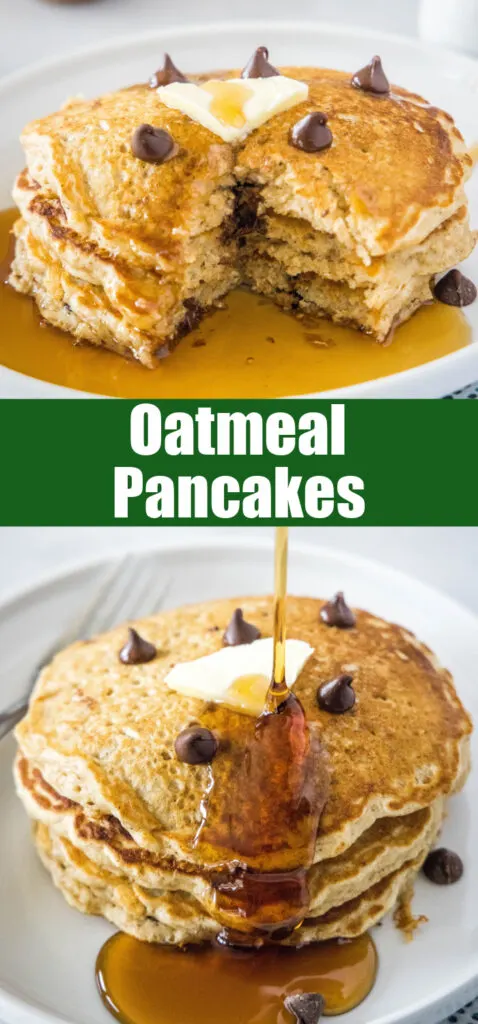 close up oatmeal pancakes on a white plate for pinterest