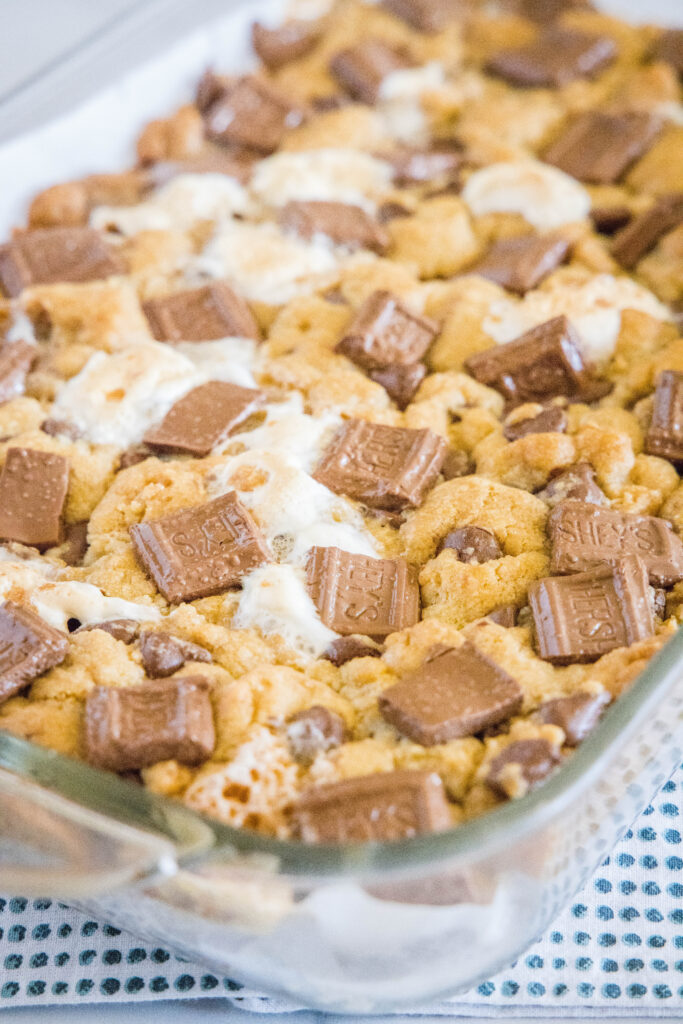 baked s'mores cookie bars in a baking pan