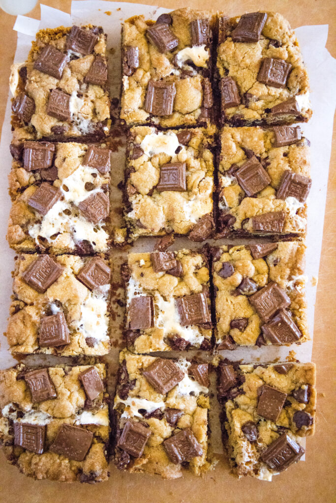 Looking down on slices of s'mores bar cookies on a cutting board