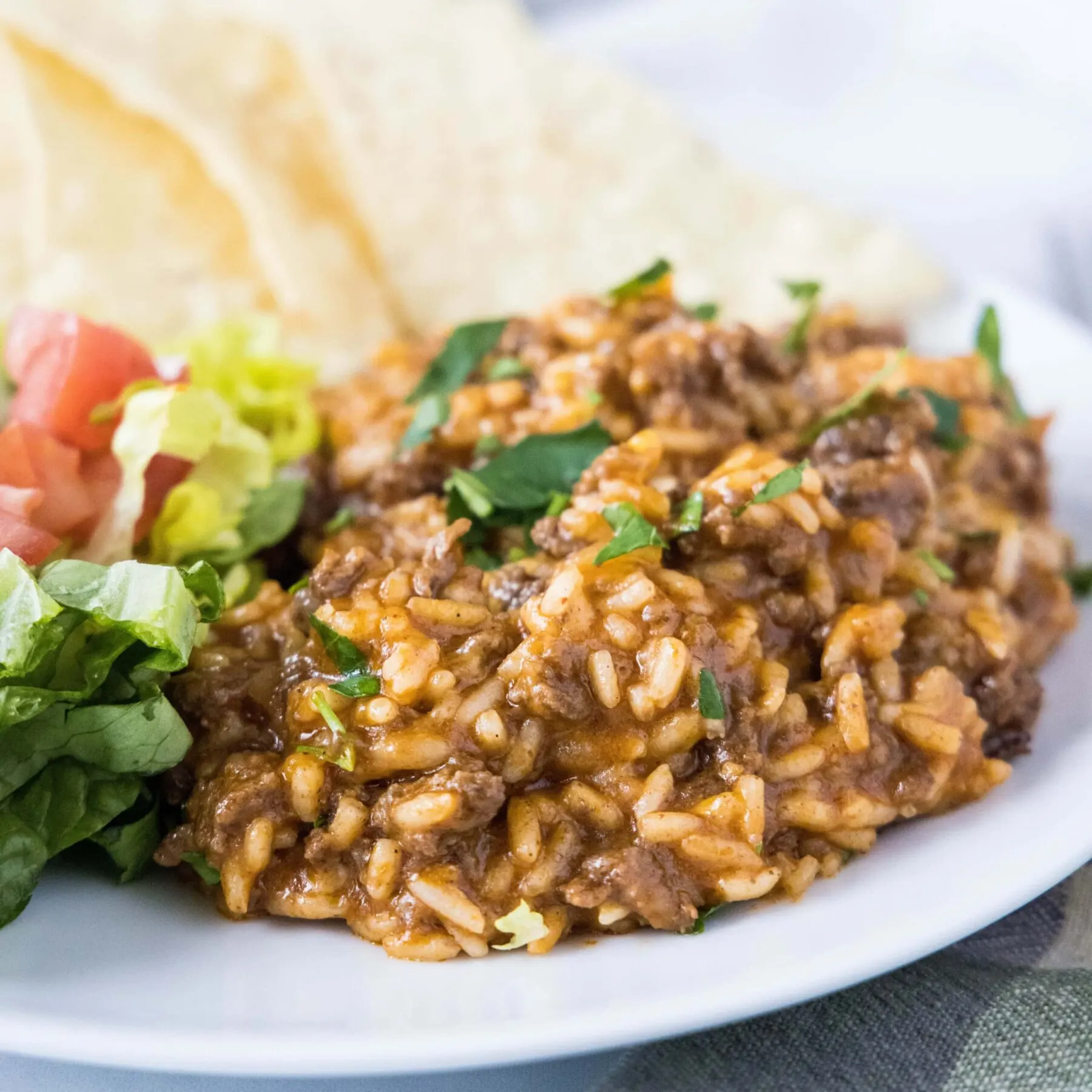 Taco rice on a plate, topped with cilantro, with tortilla chips behind it