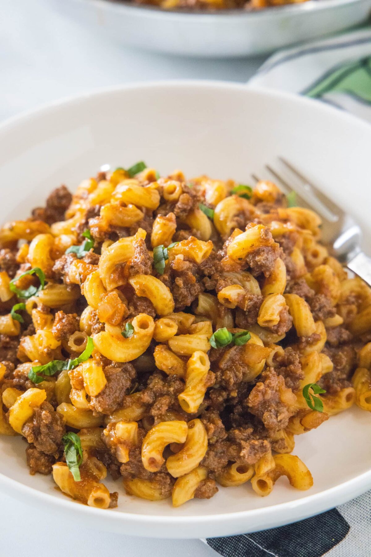 Overhead view of a bowl of beefaroni