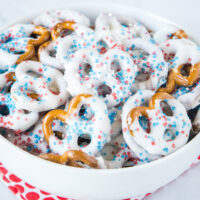 cropped image or chocolate covered pretzels with 4th of july sprinkles