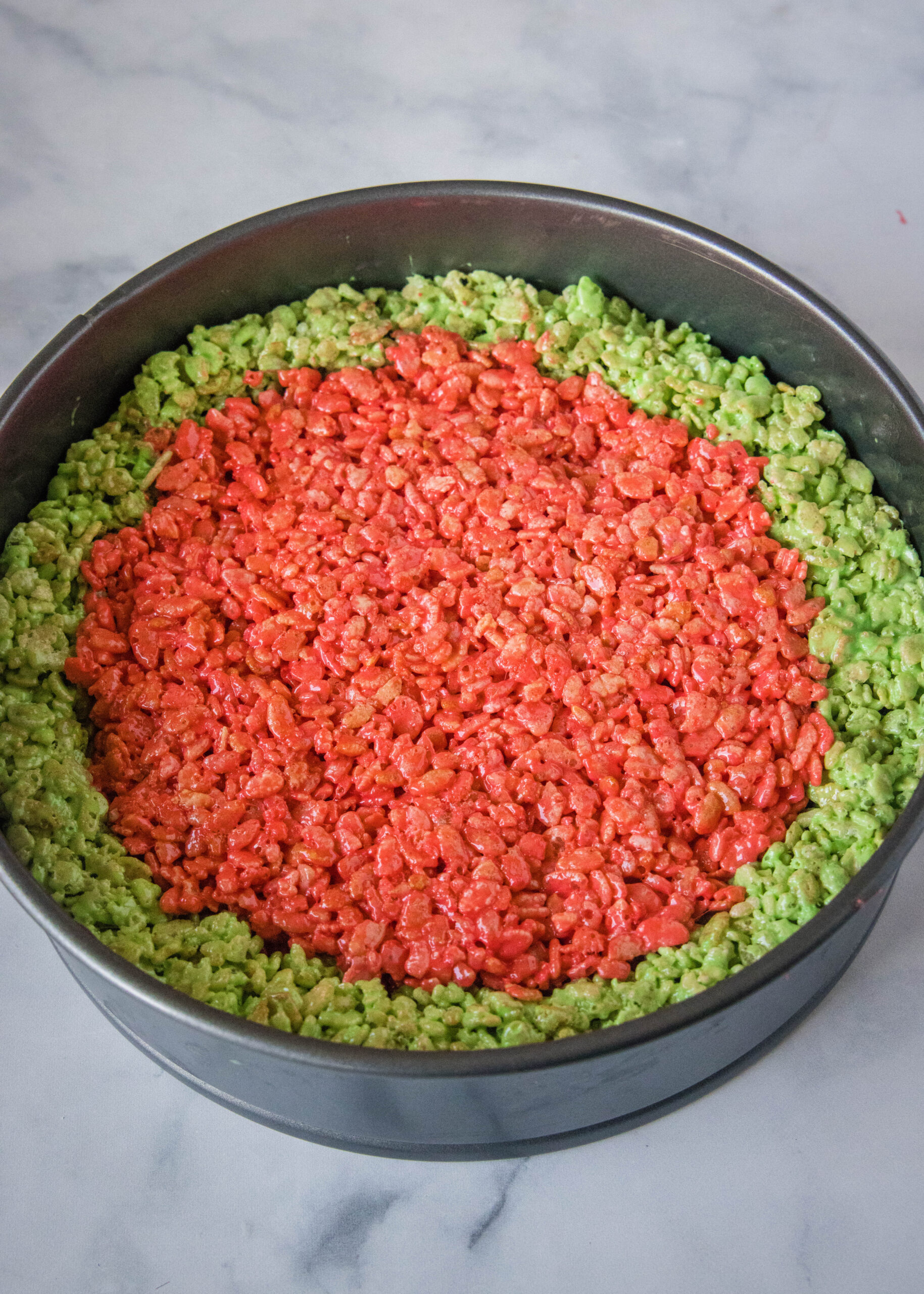 watermelon krispies treats in baking pan
